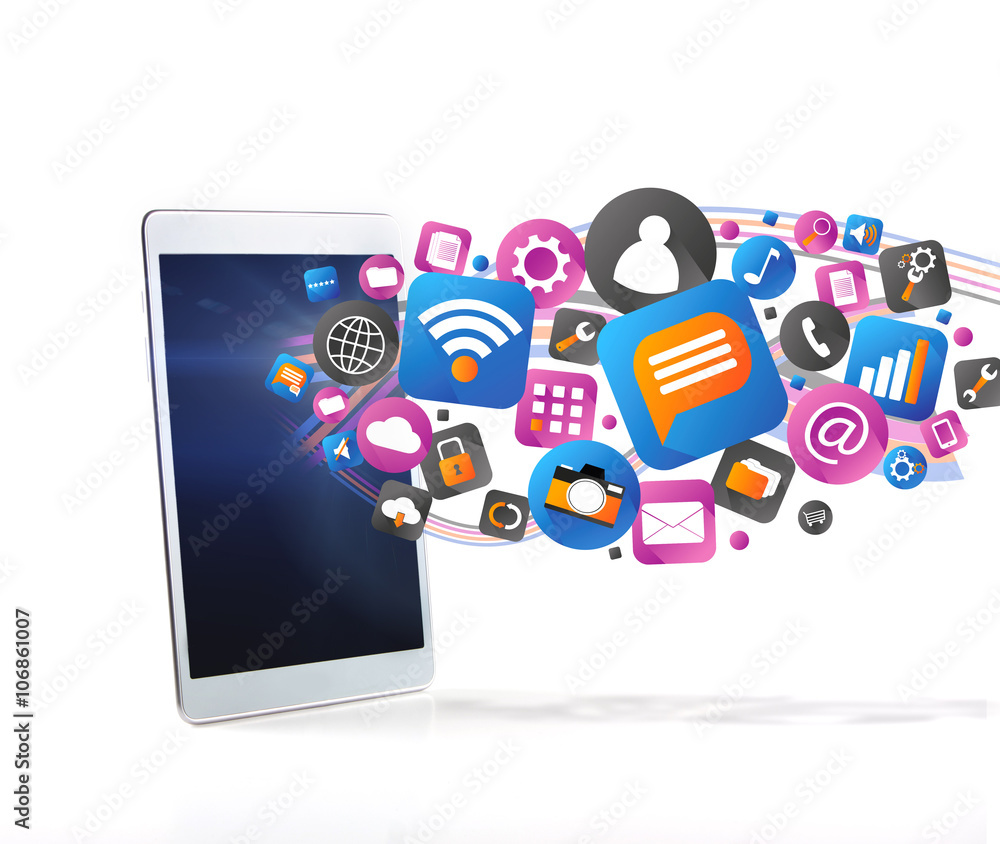 Cloud of technology icone going out a tablet Cloud of technology icone going out a tablet