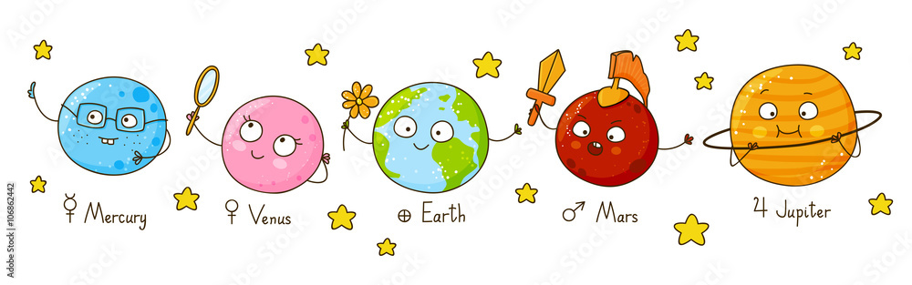 Naklejka premium Set of cute cartoon planets
