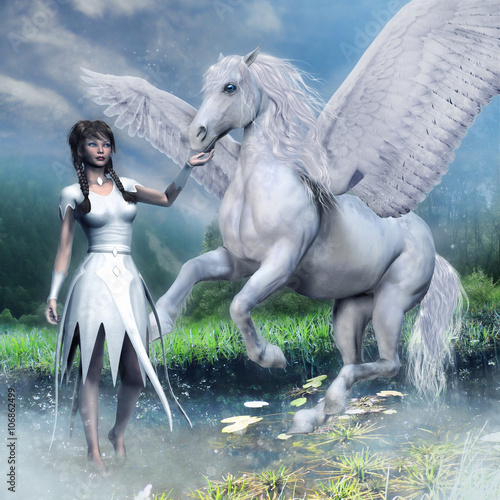 Dziewczyna i baśniowy koń ze skrzydłami 
