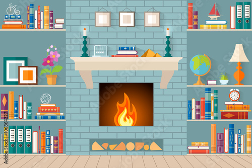 living room with bookshelves, fireplace. Flat style vector illustration. Interior design.
