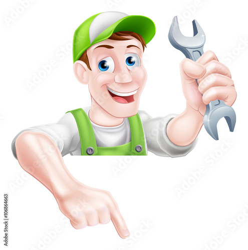 Cartoon Plumber or Mechanic Pointing