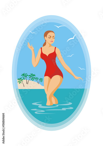 the girl in a red bathing suit leaves the sea