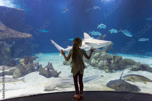 Caucasian girl admiring fish in aquarium