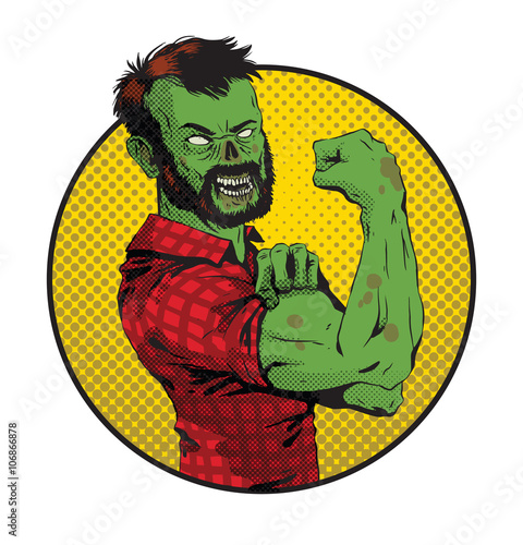 Vector image of Halloween round yellow frame with cartoon image of a green zombie man with brown hair in a red plaid shirt on a white background. Halloween. Vector illustration.