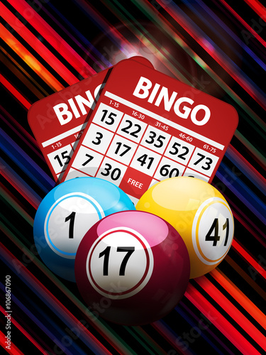 Bingo balls and cards on striped background