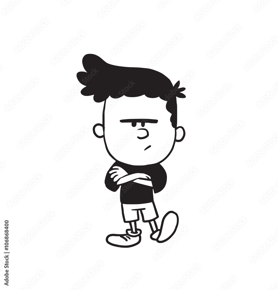 Vector cartoon image of a cute little angry boy in shorts and t-shirt standing with his arms crossed on a white background. Made in a monochrome style. Positive character. Vector illustration.