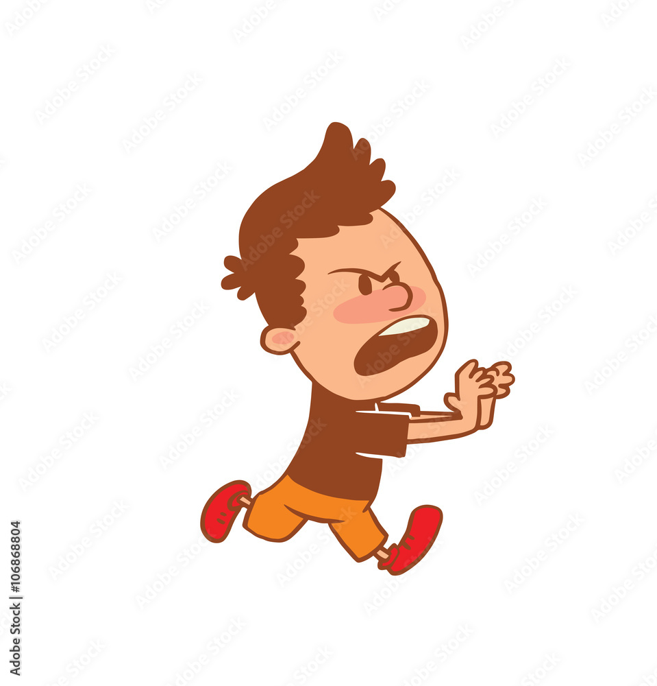 Vector cartoon image of a cute little boy in orange shorts and brown  t-shirt running angry on a white background. Color image with a brown  tracings. Positive character. Vector illustration. Stock Vector |