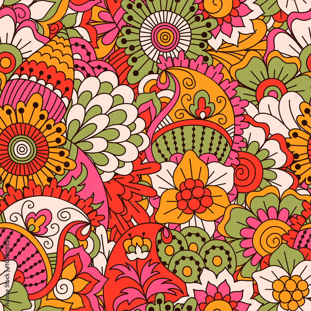 Hand drawn seamless pattern with floral elements. Colorful ethnic background. Pattern can be used for fabric, wallpaper or wrapping.