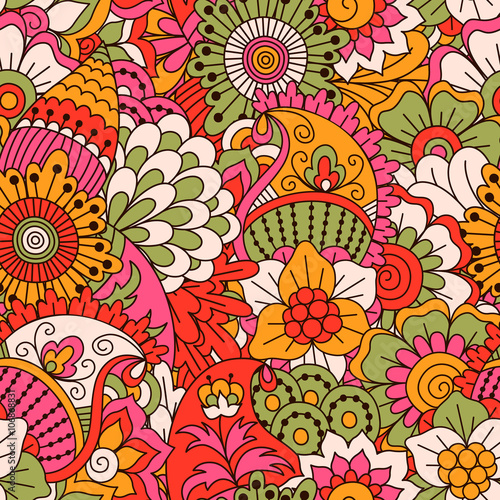 Hand drawn seamless pattern with floral elements. Colorful ethnic background. Pattern can be used for fabric  wallpaper or wrapping.