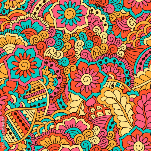 Hand drawn seamless pattern with floral elements. Colorful ethnic background. Pattern can be used for fabric  wallpaper or wrapping.