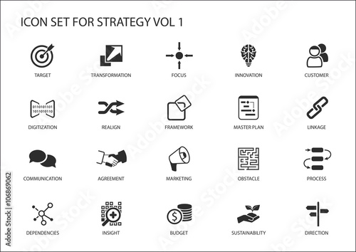 Strategy icon set. Various symbols for strategic topics like target, obstacle, direction, focus, realignment, insight, budget, marketing, direction
