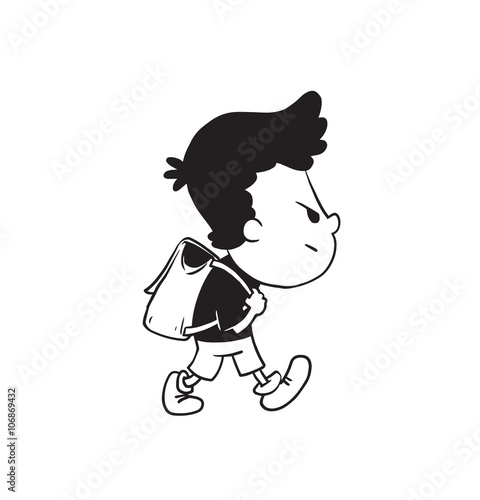 Vector cartoon image of a cute little serious boy in shorts and t-shirt walking with schoolbag behind his back on white background. Made in a monochrome style. Positive character. Vector illustration.