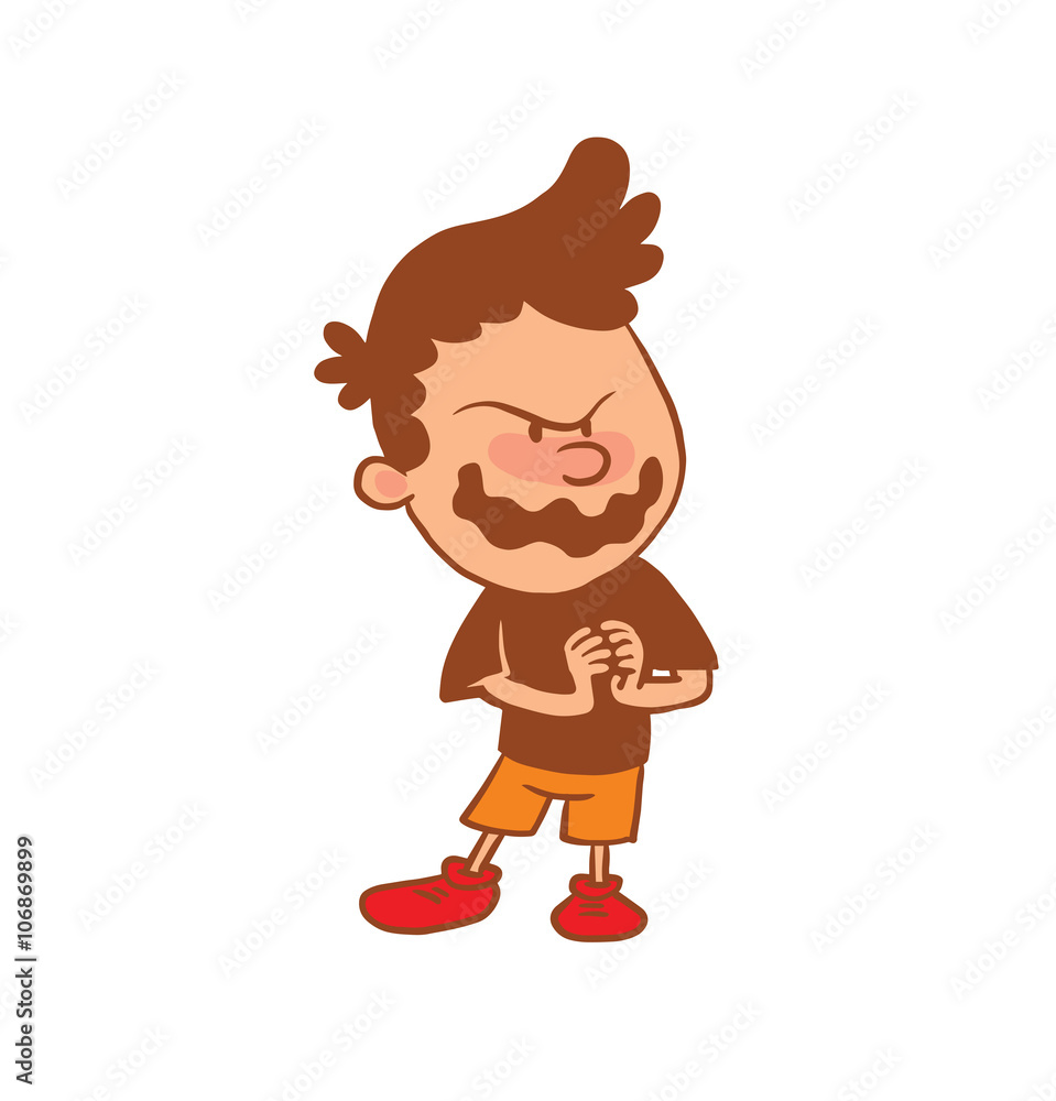 Fototapeta premium Vector cartoon image of a cute little boy in orange shorts, t-shirt with an ominous expression on face on a white background. Color image with a brown tracings. Positive character. Vector illustration