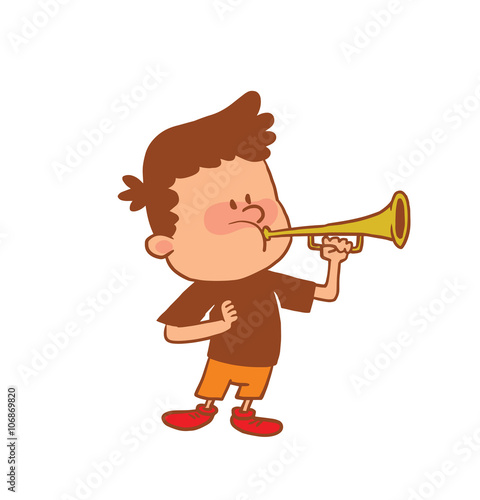 Vector cartoon image of a cute little boy in orange shorts and brown t-shirt playing the horn in hand on a white background. Color image with a brown tracings. Positive character. Vector illustration.
