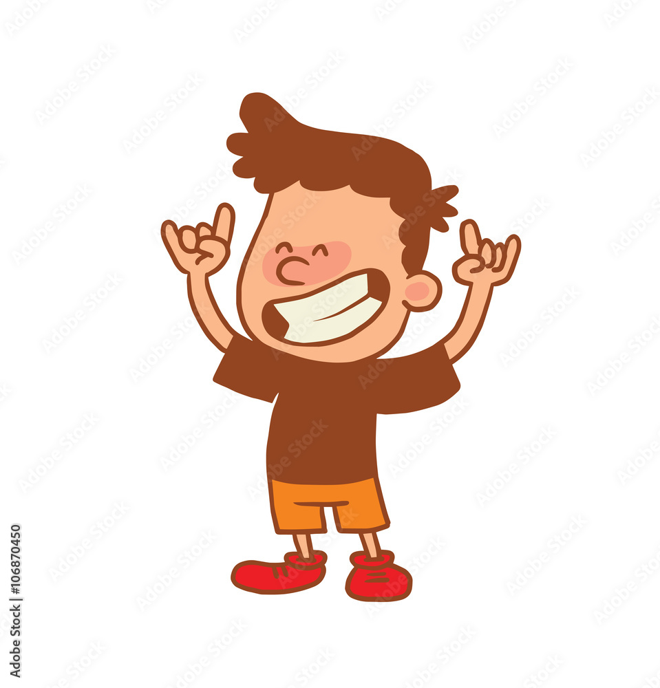 Vector cartoon image of a cute little boy in orange shorts and brown t-shirt smiling with hands raised on white background. Color image with a brown tracings. Positive character. Vector illustration. Vector cartoon image of a cute little boy in orange shorts and brown t-shirt smiling with hands raised on white background. Color image with a brown tracings. Positive character. Vector illustration.