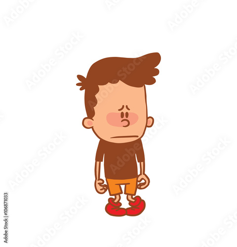 Vector cartoon image of a cute little boy in orange shorts, brown t-shirt standing and feeling his guilty on white background. Color image with brown tracings. Positive character. Vector illustration.