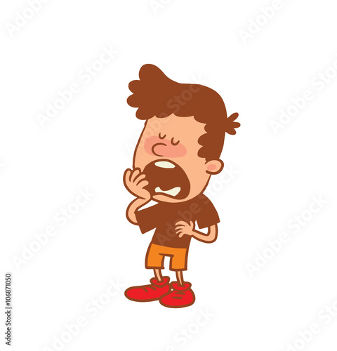 Vector cartoon image of a cute little boy in orange shorts and brown t-shirt standing  bored and yawning on white background. Color image with a brown tracings. Positive character. Vector illustration