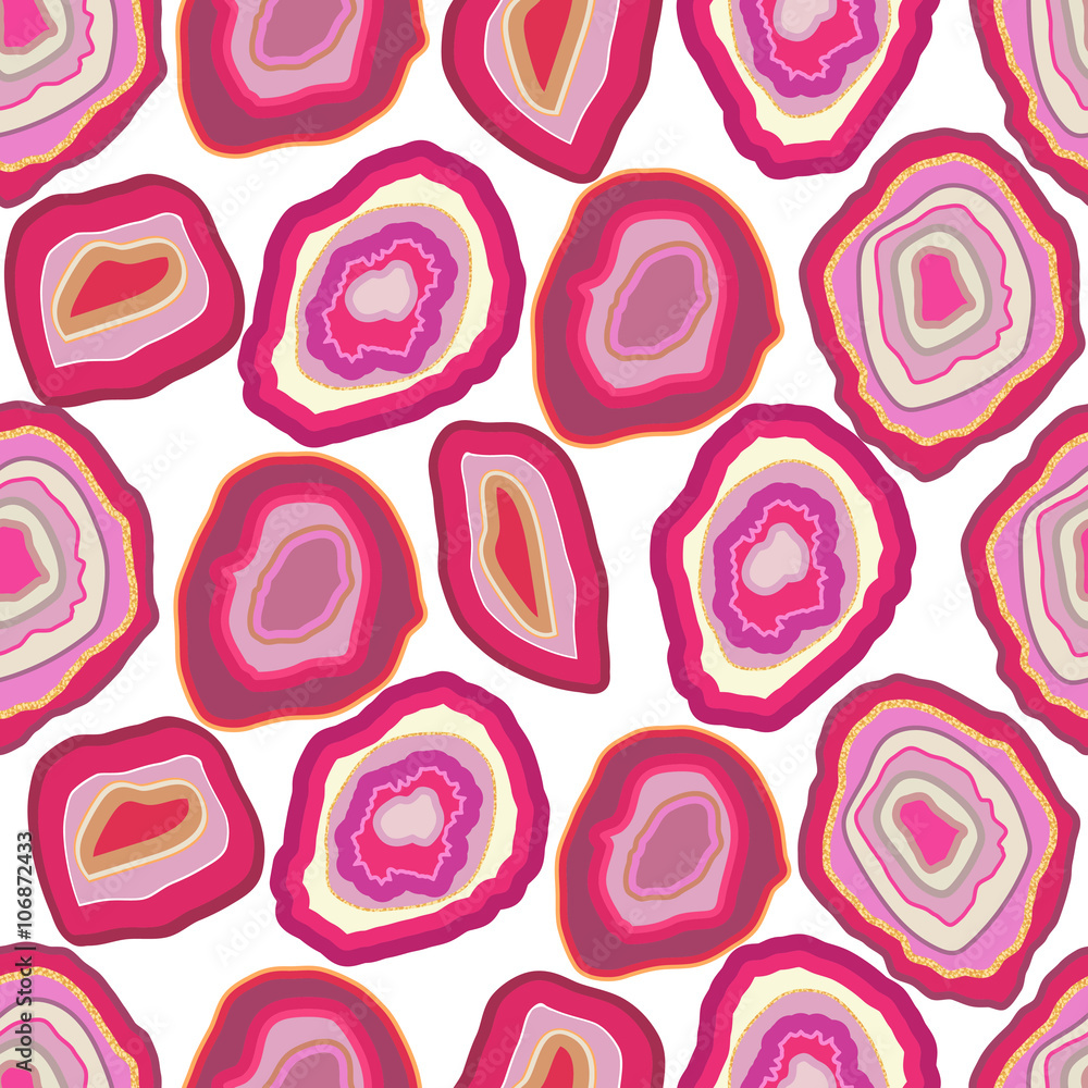 Fototapeta premium Vector rose pink crystal seamless pattern on white. A slice of geode stone minerals or thunder egg. Magenta red with gold shimmer streak.