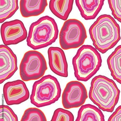 Vector rose pink crystal seamless pattern on white. A slice of geode stone minerals or thunder egg. Magenta red with gold shimmer streak.