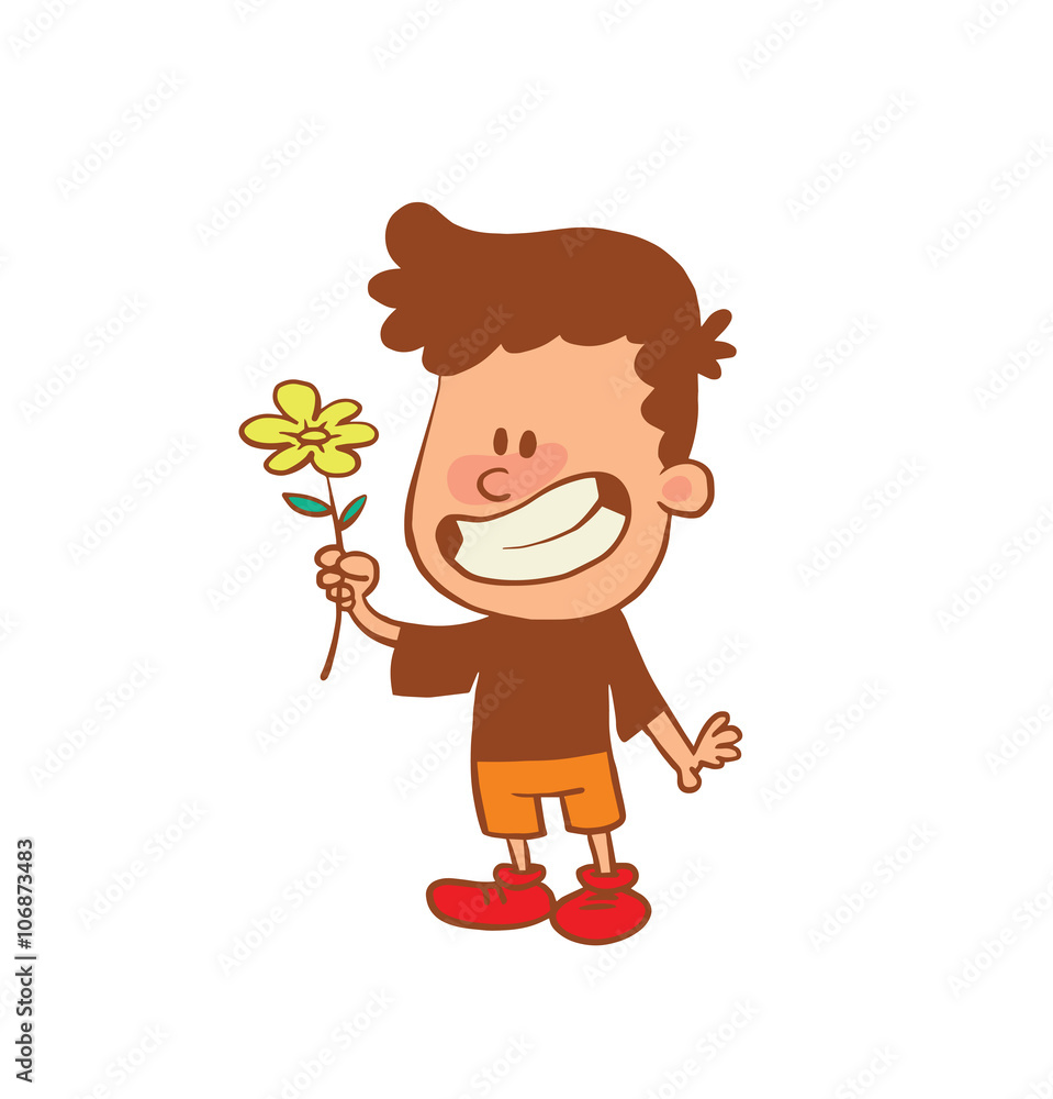 Vector cartoon image of a cute little boy in orange shorts and brown  t-shirt smiling