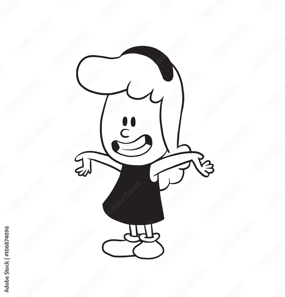 Vector cartoon image of a cute little girl with wavy hair in dress with arms outstretched to the sides and smiling on a white background. Made in a monochrome style. Positive cartoon cute little girl. Vector cartoon image of a cute little girl with wavy hair in dress with arms outstretched to the sides and smiling on a white background. Made in a monochrome style. Positive cartoon cute little girl.