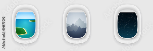 Window of airplane, long flight concept. Vacation, traveling template.