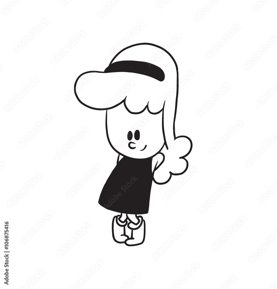 Fototapeta premium Vector cartoon image of a cute little girl. Little girl with wavy hair. Little girl is standing modestly on a white background. Cartoon little girl in a monochrome style. Vector illustration of girl.