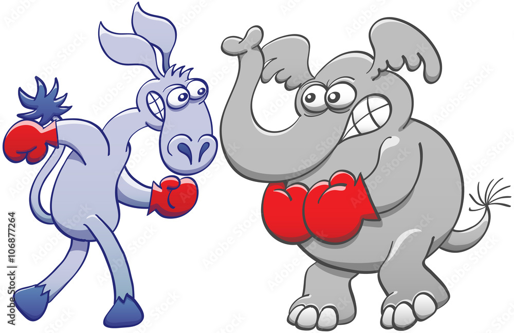 Menacing elephant and donkey clenching their teeth, wearing red boxing gloves and preparing to fight 
