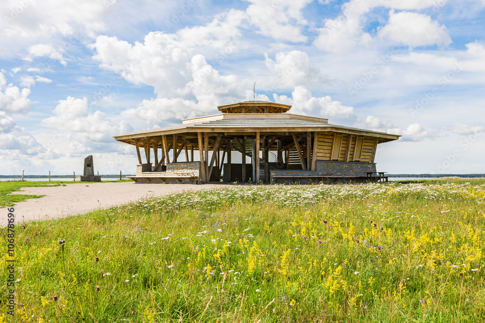 Bird watching tower at Lake Hornborgasjon in Sweden Bird watching tower at Lake Hornborgasjon in Sweden