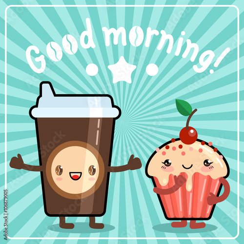 Coffee cup with muffin. Cute kawaii style. Lettering Good morning! Vector EPS 10.