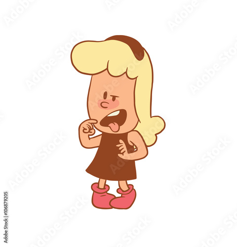 Vector color cartoon image of a cute little girl. Little girl with blonde hair. Little girl is standing showing disgust on white background. Color image with brown tracings. Vector cartoon little girl