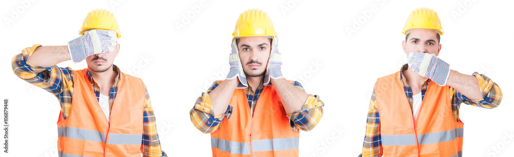 See, hear, speak no evil concept with handsome engineer See, hear, speak no evil concept with handsome engineer