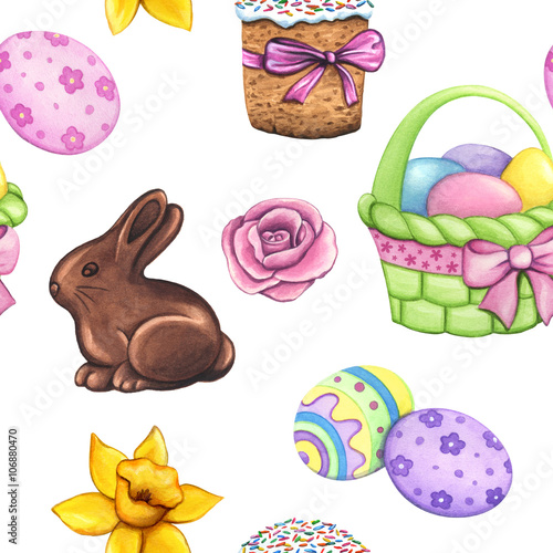 Easter seamless pattern. Hand painted watercolor background with chocolate bunny  colorful eggs  easter basket  easter cake and flowers. Isolated on white background.