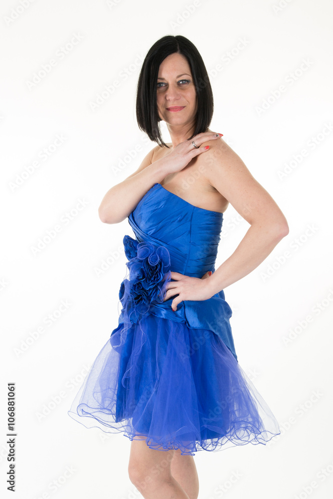 Charming woman in blue dress isolated on white Charming woman in blue dress isolated on white
