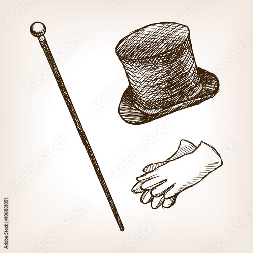Vintage cylinder cane gloves sketch style vector