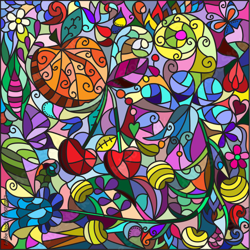 Stained-glass window from a flowers and fruits  ornament. Vector illustration