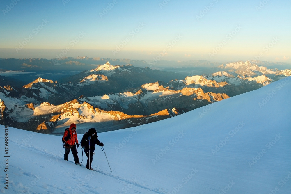 Climbers on Mount Elbrus slope