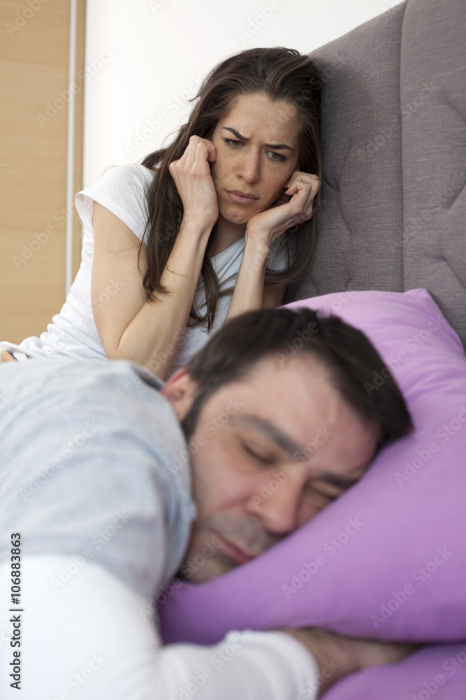 Snoring man problem, focus on Woman Snoring man problem, focus on Woman