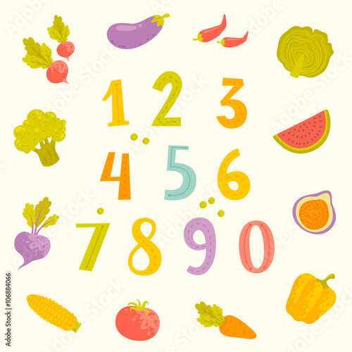Vector fruits and vegetables numerals for kids