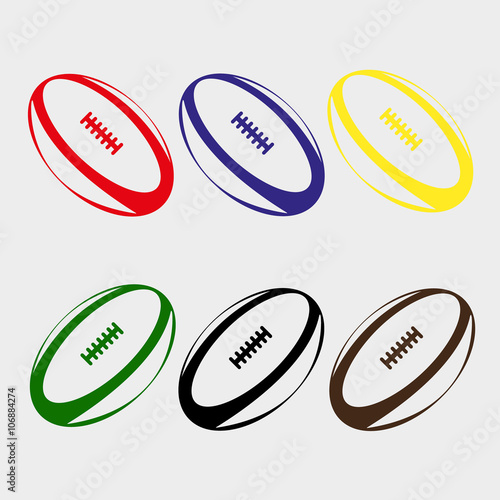 Set of balls for Rugby, American football, red, blue, yellow, green, black, brown.