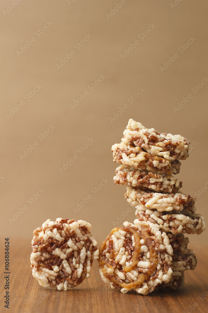 rice pop isolated on wooden background rice pop isolated on wooden background