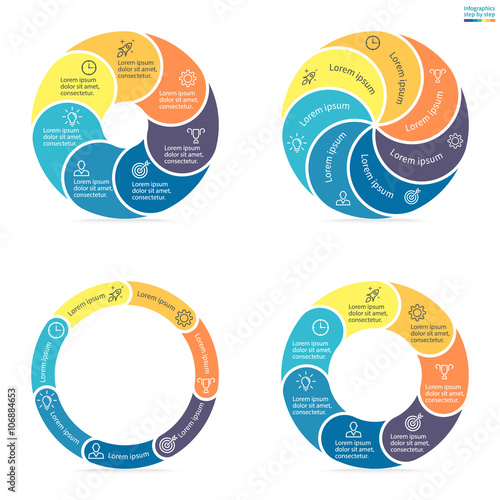 Circular infographics with rounded colored sections. 