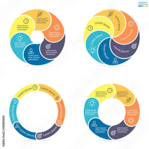 Circular infographics with rounded colored sections. 