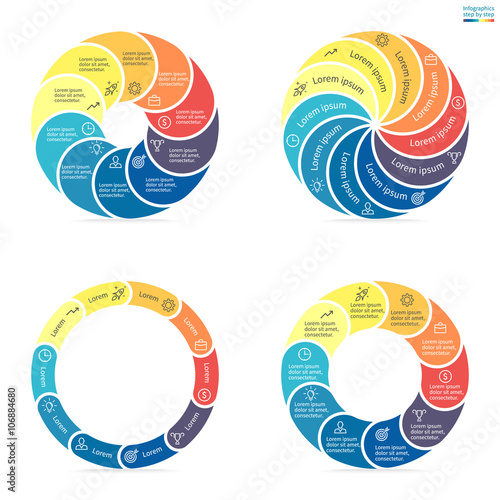 Circular infographics with rounded colored sections. 