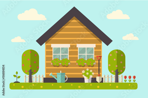 Vector Illustration of a House and Garden with Gardening Tools, Flowers and Trees. Flat Design Style. 