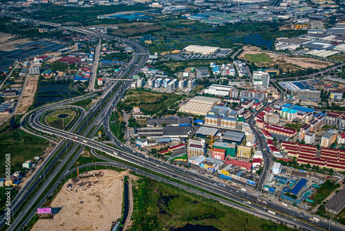 Industrial estate land development aerial view, entrance © praethip