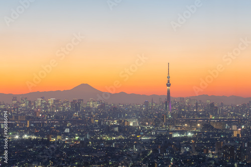 Tokyo city view and mountain fuji at sunset.. © torsakarin