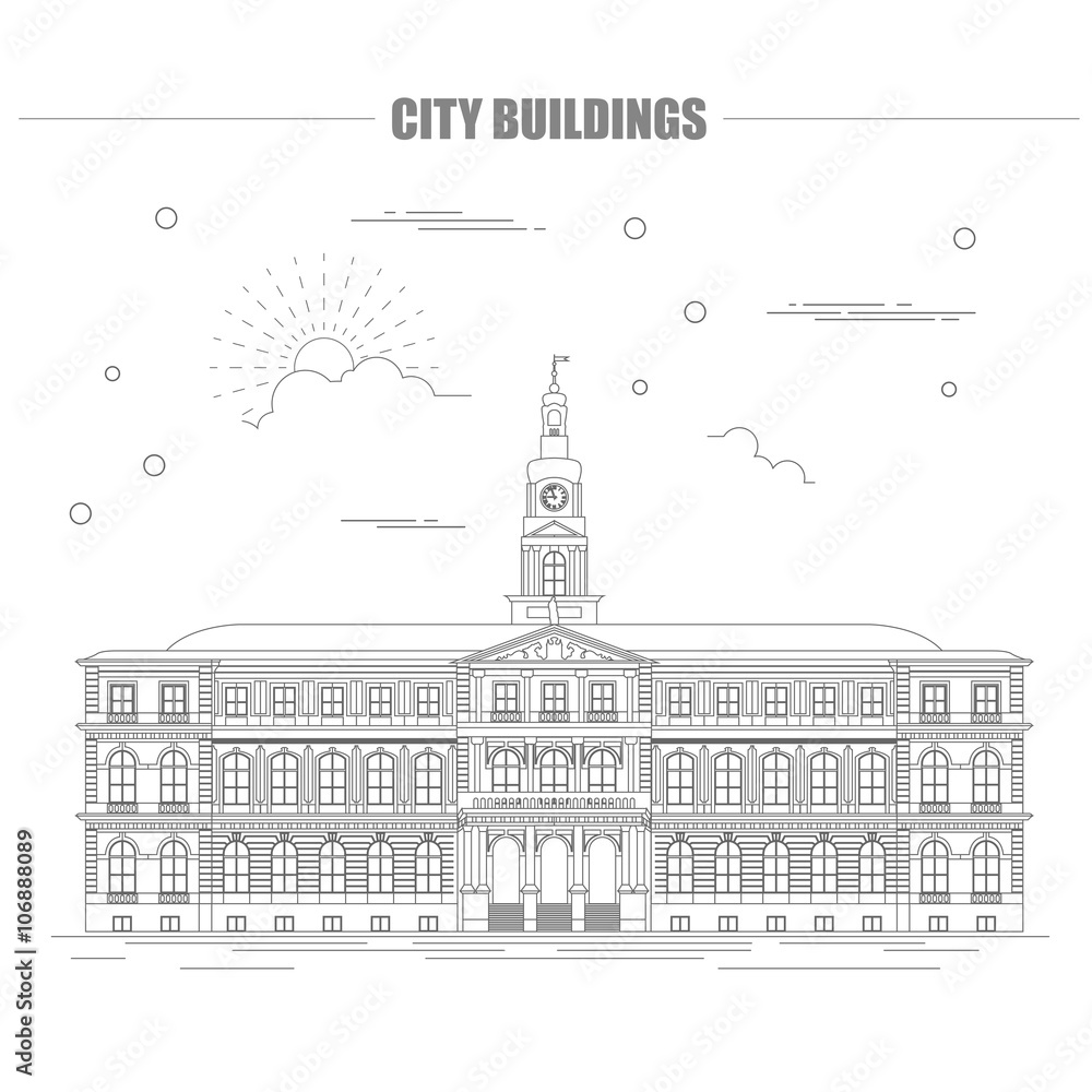 City buildings graphic template. Town hall. Rigas dome.