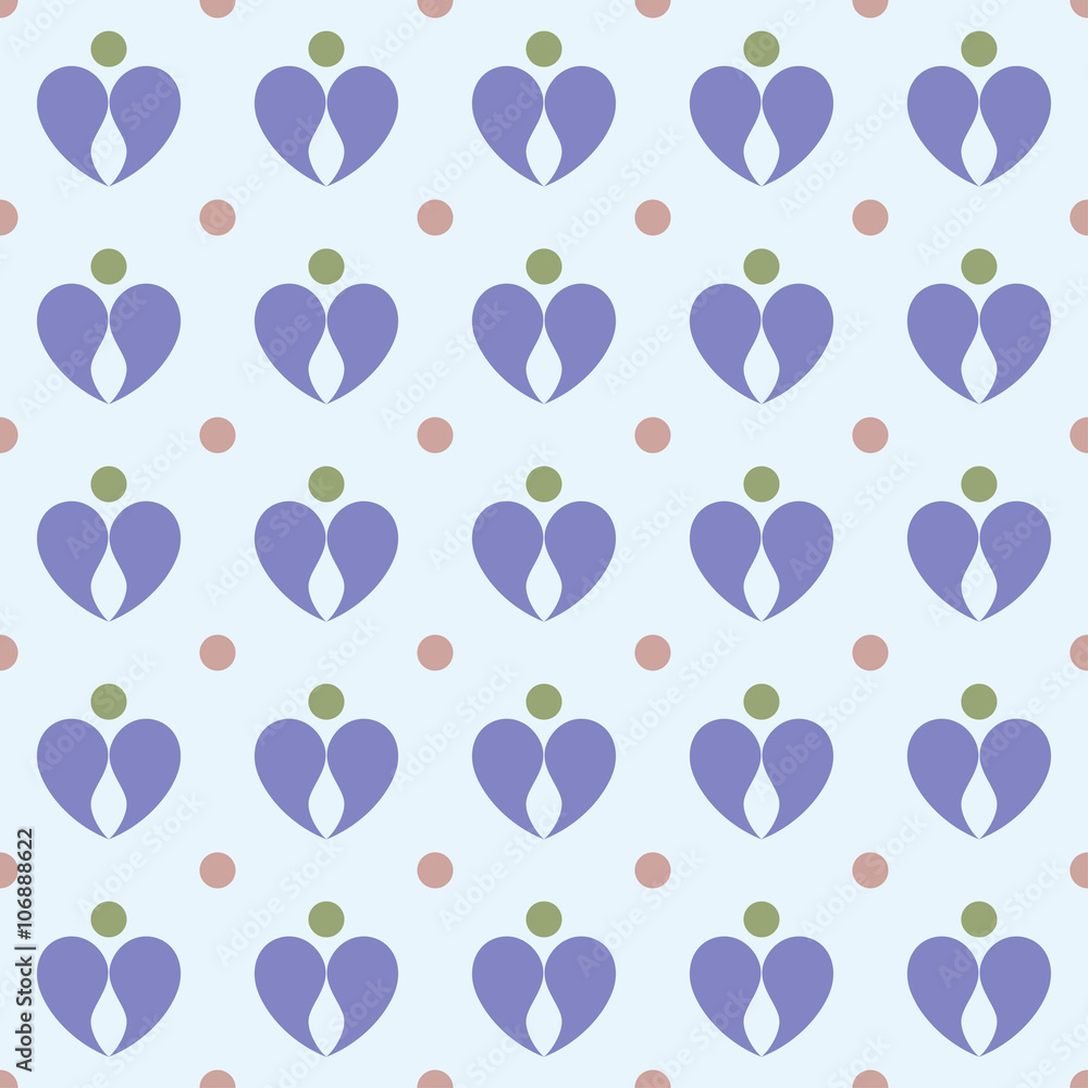 Abstract dots and droplets, creating a heart, violet. Seamless p