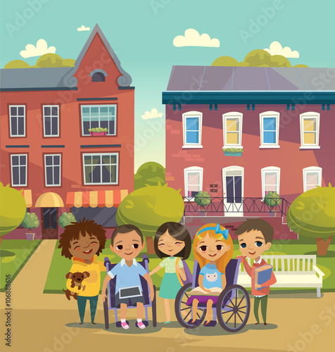 Group of Happy Children with books and tablets stand on a sunny city street. Schoolyard. Caring for the disabled child concept. Learning and playing together. Handicapped Kid. Vector. Isolated.